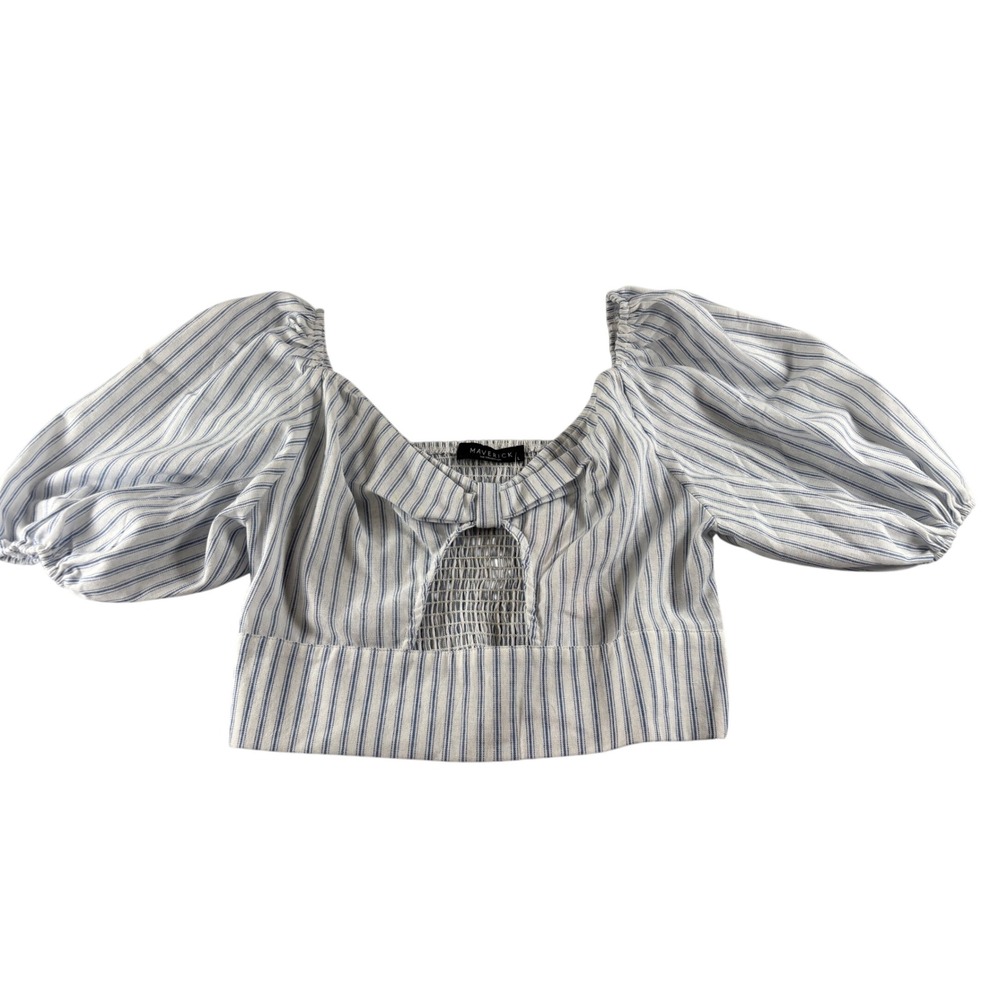 Maverick The Collection Blue White Striped Puff Sleeve Smocked Crop Top L NEW